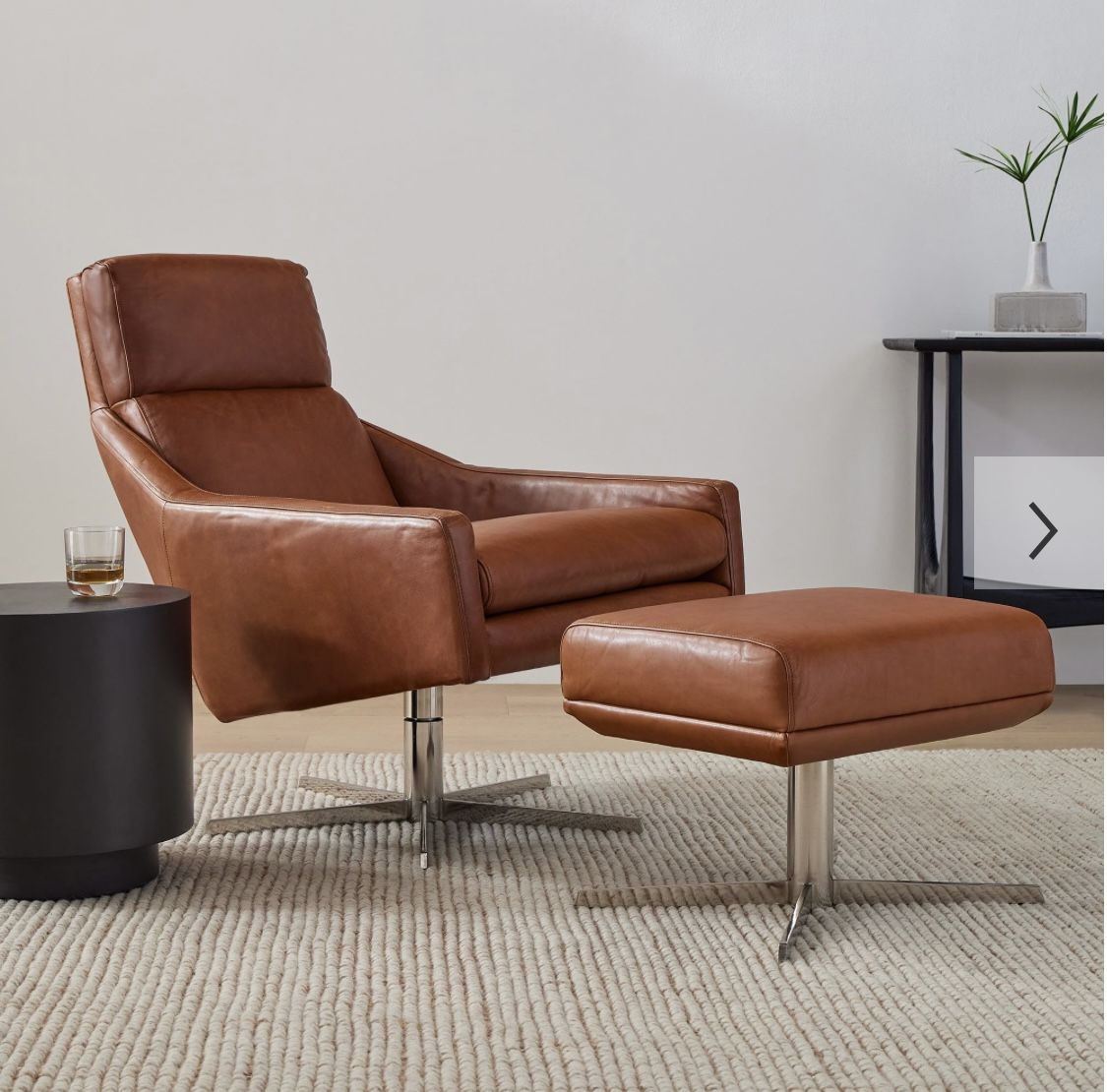 West Elm Austin Leather Swivel Chair & Ottoman Set