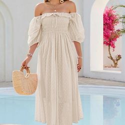 Off-Shoulder Cream Midi Dress - Elegant Summer Style medium
