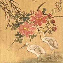 Asian Art Two Cranes With Pink Flowers 