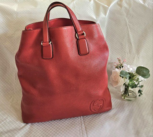 Authentic Gucci Red Leather Luxury GG Large Tote Handbag 