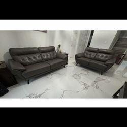 Ashley Furniture - Gray Leather Modern  Sofa and Love Seat Set 