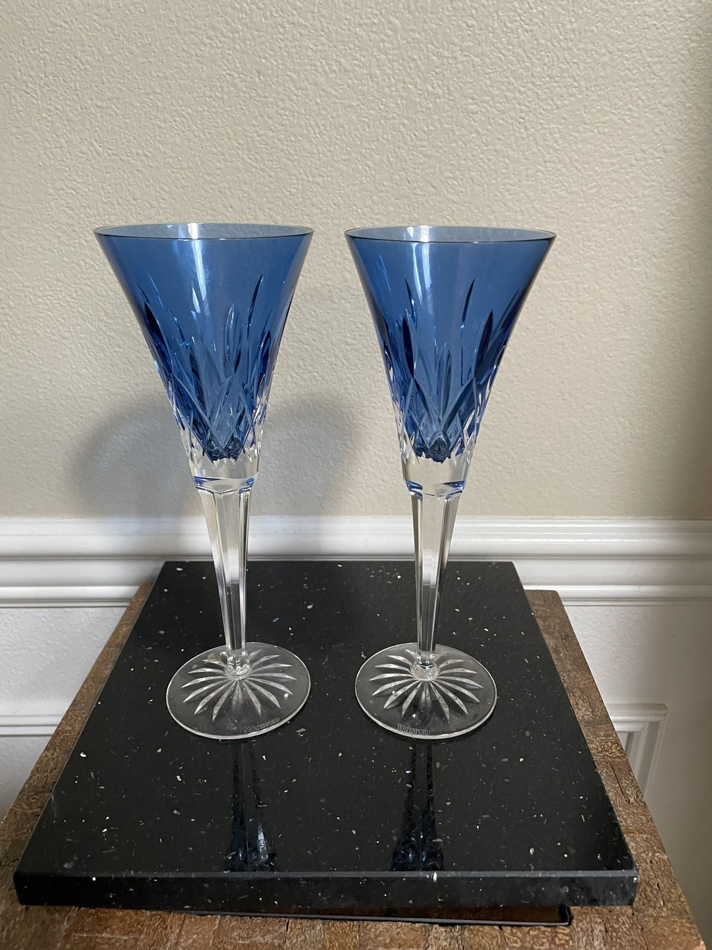 Pair Of Waterford Lismore Blue Champagne Flutes