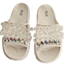 H2K White Iridescent Rhinestone Embellished Slide Sandals Women’s 7