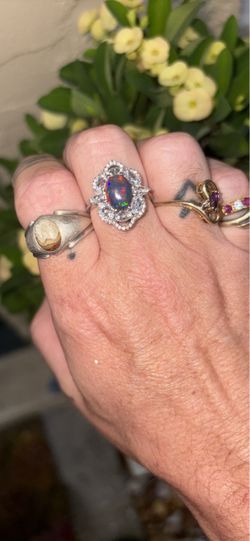 Black Opal Halo Ring Silver Tone