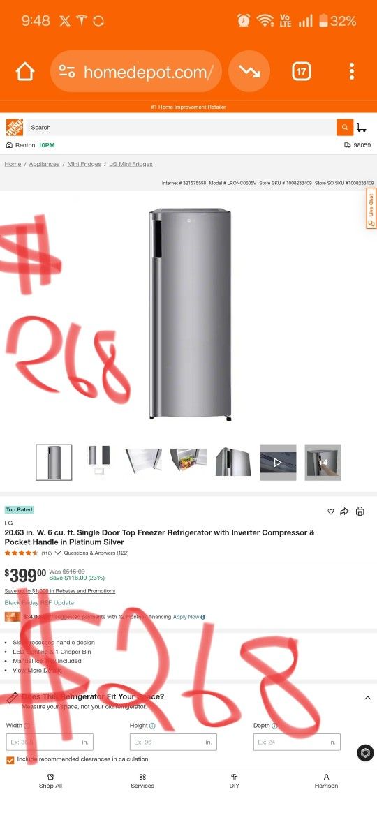 LG Refrigerator Single Door Top Freezer