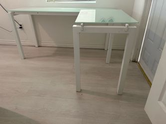 Metal L Shape Desk with Frosted Glass Top and Block Legs, White