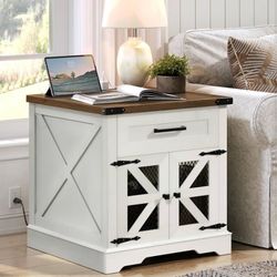 White Farmhouse End Table with Charging Station