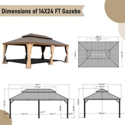 14x24FT Hardtop Gazebo, Outdoor Gazebo with Galvanized Steel Double Roof, Aluminum Frame, Built-in Gutter System, Curtain and Netting, Metal Gazebo Pa