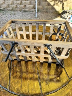 Brown Wooden Basket With Metal Handles 