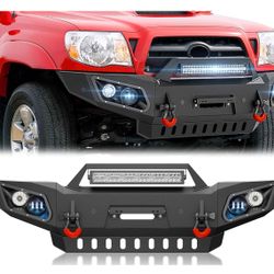 for Tacoma Pickup Truck Front Bumper Compatible with 2005-2015 Toyota Tacoma Equipped with 5 x LED Lights, Winch Plate, Skid Plate, License Plate Fram