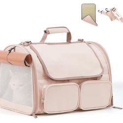 FUKUMARU Cat Carrier, 4 Mesh Windows Small Dog Carrier, 4 Storage Pockets Cat Travel Bag, Under 15 lb Airline Approved Pet Carrier, Rollable Cover for