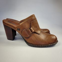 Born Handcrafted Women's Brown Leather Slides Mule Clog Chunky Heel Size 10
