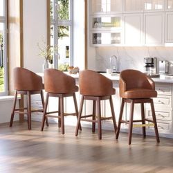 D366-Bar Stools PU Leather / Linen Fabric Upholstered Solid Wood Swivel Barstool Set of 4