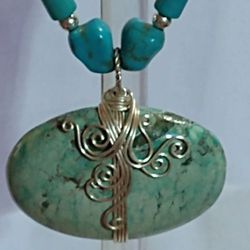 99.9 SILVER WRAPPED CHINESE TURQUOISE PENDANT. BODY: NUGGET MOJAVE TURQUOISE & SLEEPING BEAUTY TURQUOISE/99.9 BEADING & LOBSTER CLAW CLASP. 20" LONG