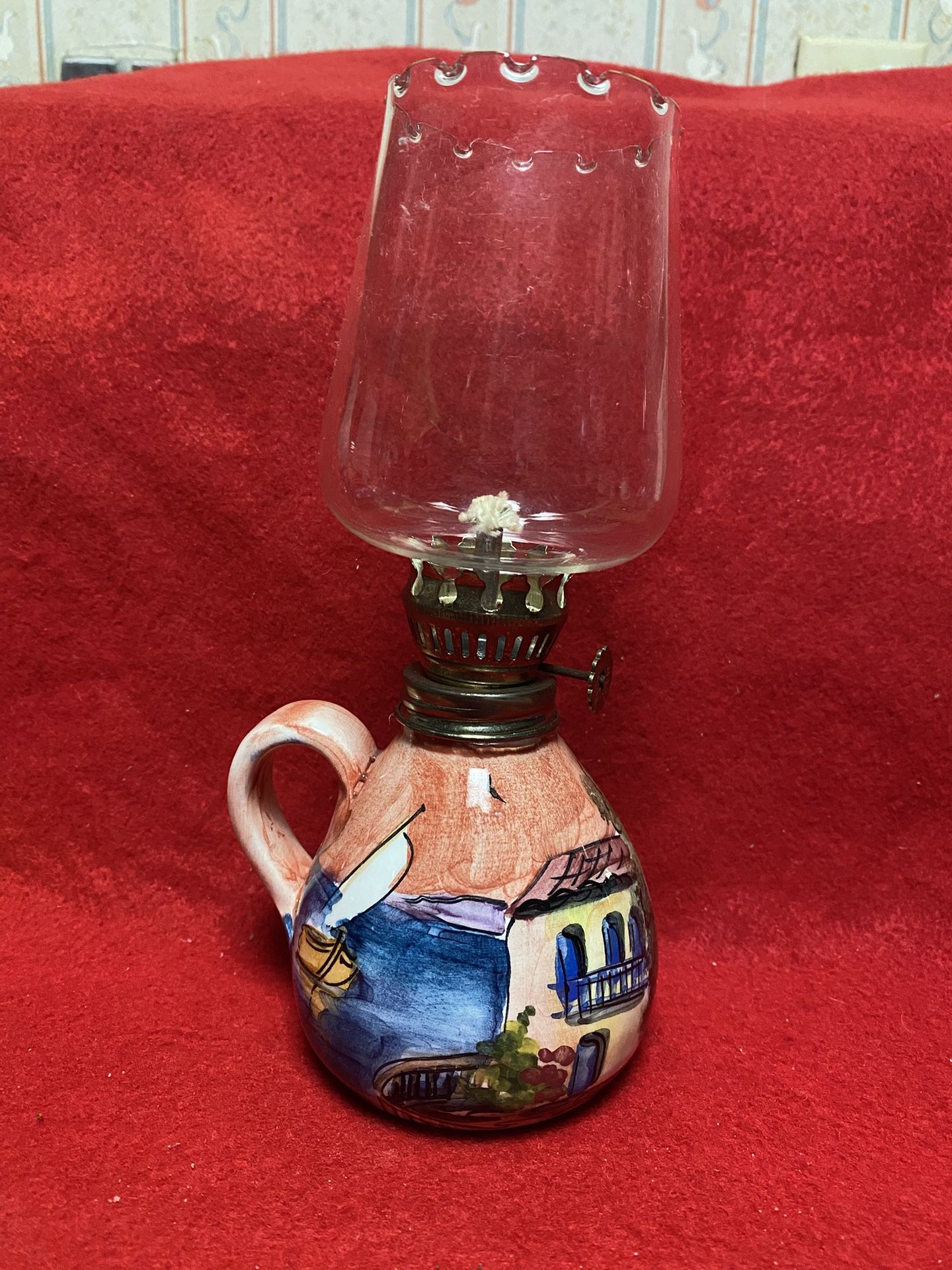 8 inches with Glass Handmade Hand painted Imported From Greece Ceramic Oil Lamp