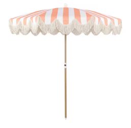 JONATHAN Y Mariner 6.5 ft. Classic Cottage Fringe Tassel Market Beach Umbrella in Coral Pink and White Stripe/Cream, Brown Pole
