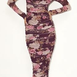 Lulus Plum Floral Mesh Midi Dress Size [Small]