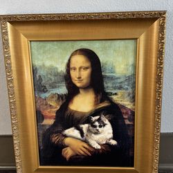 Mona Lisa with Cat” framed art print – 19”x23