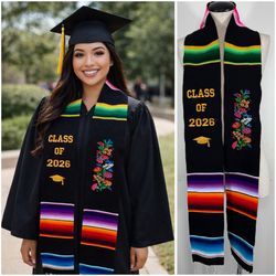 Mexican Zarape Commencement Graduation Stole with Flowers Class of 2026