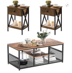 Set of 3 Rustic Brown & Black Tables – 2 Nightstands + Coffee Table
