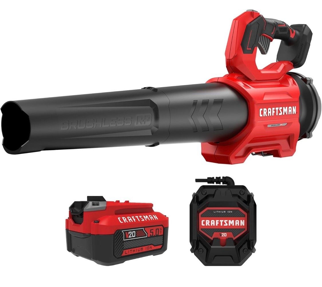 CRAFTSMAN Leaf Blower Cordless with Battery and Charger V20 RP, Up to 110 MPH Power, Handheld Electric Leaf Blower, Brushless Motor, Lightweight, 5.0A