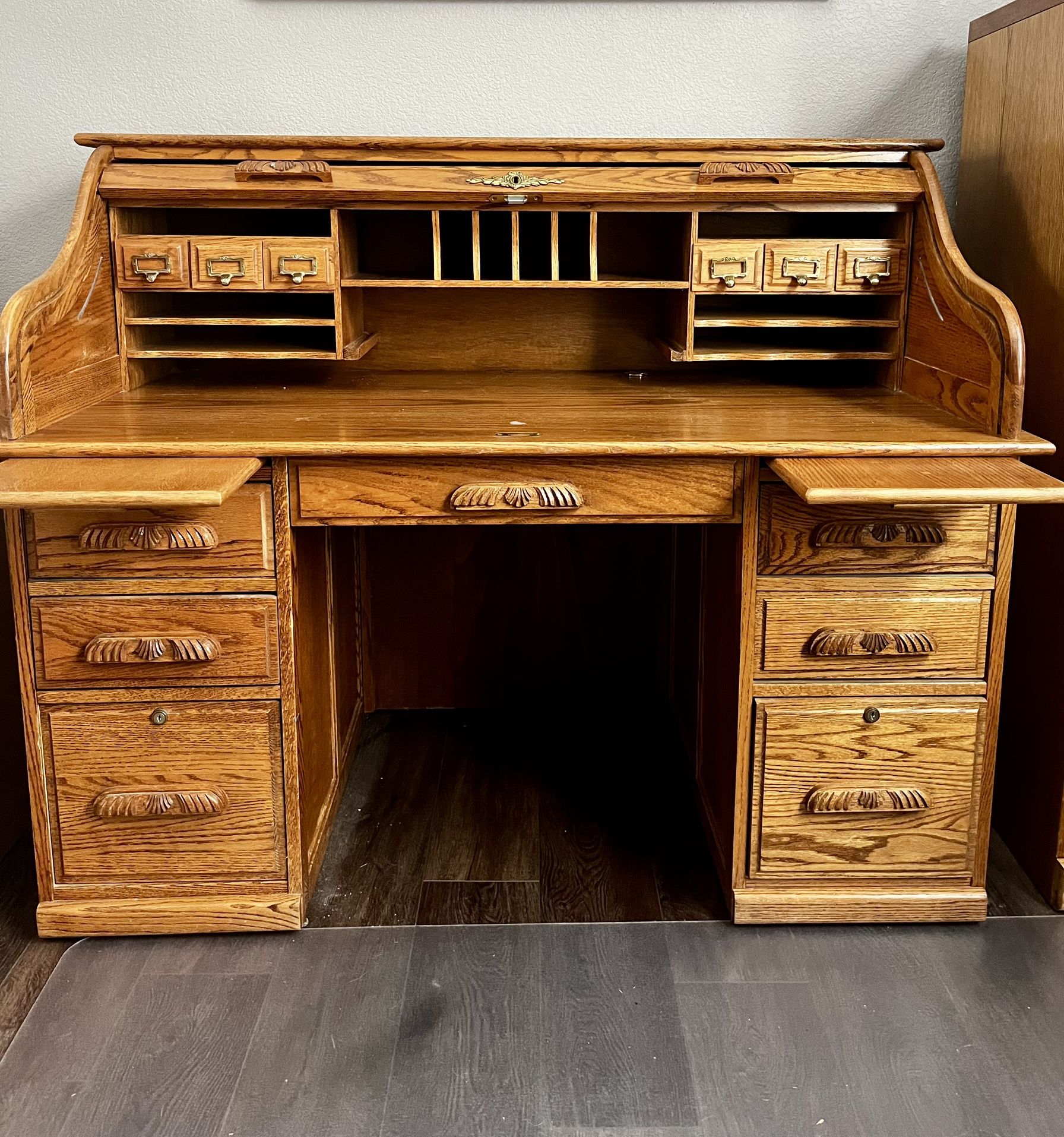 Roll Top Wood Desk with locking Roll Top & File Drawer