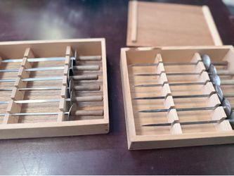 Vintage Fondue Fork Set with Wooden Storage Boxes