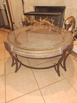 Round Glass Top Coffee Table with Greek Key Detail