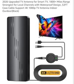 TV Antenna for Smart TV, 1800+ Miles Range Strongest for Local Channels with Waterproof Design, 32FT Coax Cable-Support 4K 1080p TV Antenna Indoor Our