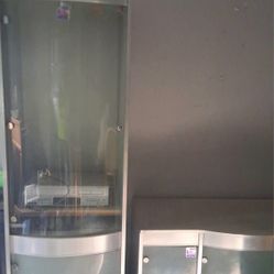 Two Piece Entertainment Center Stainless Steel Glass Doors With Light Fixtures