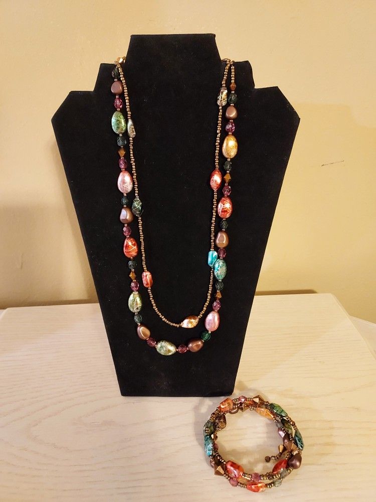 Colorful Beaded Long Necklace & Bracelet