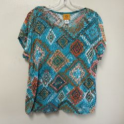 Women’s RUBY RD 100% Cotton Multicolor Short Sleeve Lined Design Top…medium