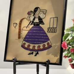 Vintage Country Scene Framed Embroidered Crewel Artwork Spanish Mexican Girl. “NO STAND” 