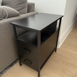 Black Side Table End Table with Charging Station and 2 Wooden Drawers, USB Port