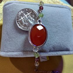 DIAMOND CUT MOTIF, *RED JADE* OVAL AND MULTI GEMSTONE, STERLING ADJUSTABLE BRACELET. (214462)
