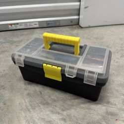 Small Tackle Box With Weights, Worms, Reels, Collapsible Rod, Etc.