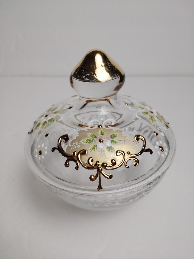 Bohemian Glass Dish with Lid Hand Painted Flowers and Applied Gold Enamel Italy