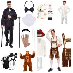 Men’s Costume Collection: Big Foot, Mobster, Elf, Muscle Suit & Lederhosen (Sizes XS–L)