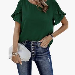 Womens Casual Ruffle Tops: Short Sleeve Summer Blouses Soild Crewneck Tunics Shirts