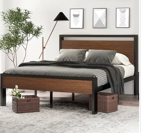 SHA CERLIN 14 Inch Full Size Metal Platform Bed Frame with Wooden Headboard and Footboard, Mattress Foundation, No Box Spring Needed, Large Under Bed