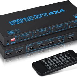 4K@60Hz HDMI Matrix Switch 4x4 with EDID, 4 in 4 Out HDMI Switcher Splitter Audio Video Distributor Selector Box with IR Remote, Support 