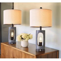 23.5" Dual USB Charging Ports 3-Way Dimmable Touch Control Table Lamp Retro Rustic Bedside Lamps EndTable Lamp for Living Room Bedroom Office Study(4 