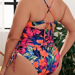 offer

Women's Casual One-piece Swimsuit, Plus Size Tropical Print V Neck Drawstring Tie Side High Cut Beach One-piece Bathing-suit