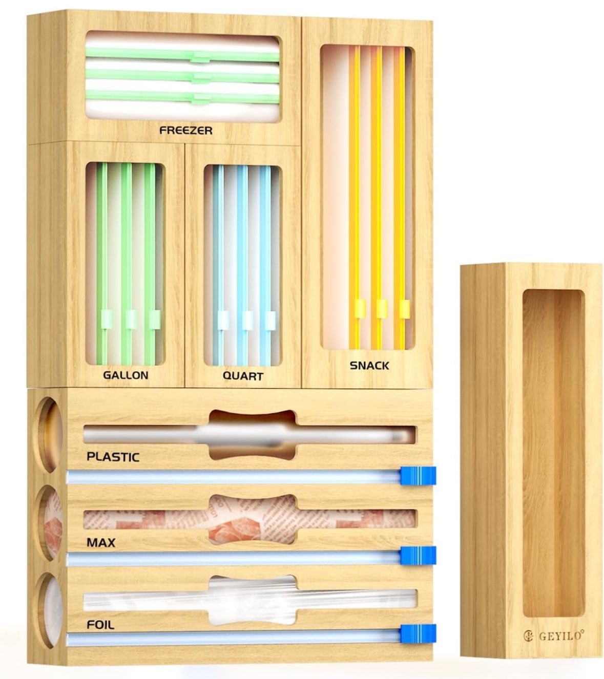 8 in 1 Bag Organizer Storage for Kitchen Drawer Organization, Bamboo Foil and Plastic Wrap Organizer