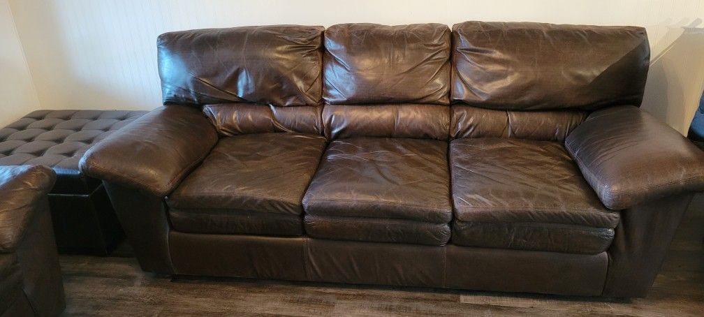 Leather Couch, Oversized Chair, Hardwood Coffee Table, and End Table