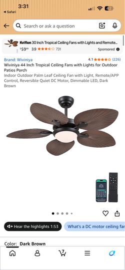 Wiviniya 44 Inch Tropical Ceiling Fan with Light