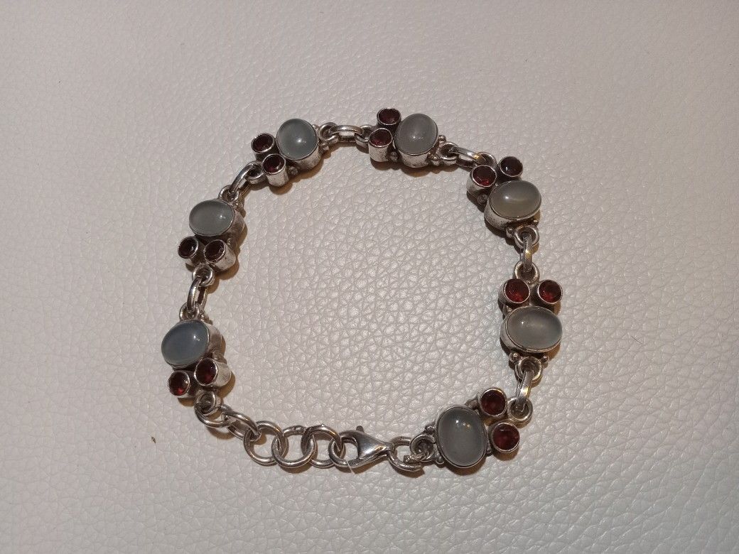 Vintage 925 Sterling Silver bracelet with moonstone and ruby accents