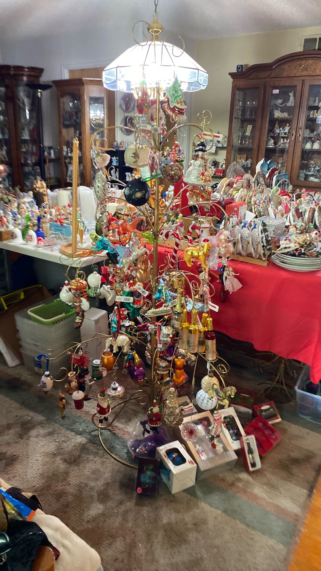 Christmas tree with ornaments, glass and In vintage