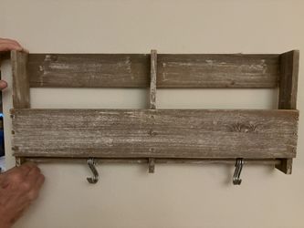 Vintage Rustic Whitewashed Grey Oak Finished Wood Wall Mounted Coat Rack with Shelves.