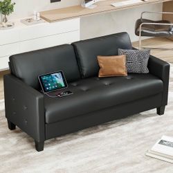 59” Black Faux Leather Sofa Couch, Modern Comfy Office 2 Seater Couch Loveseat with USB & Tufted Armrest, Small Love Seat Couches for Living Room, Bed